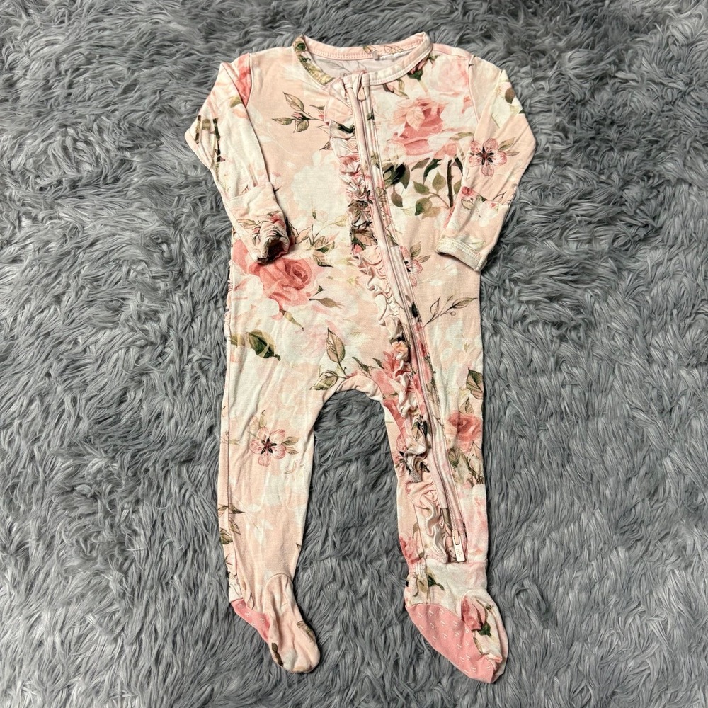 Posh Peanut Pink Floral Bamboo Sleeper Ruffles Baby Girl 0-3 Months
